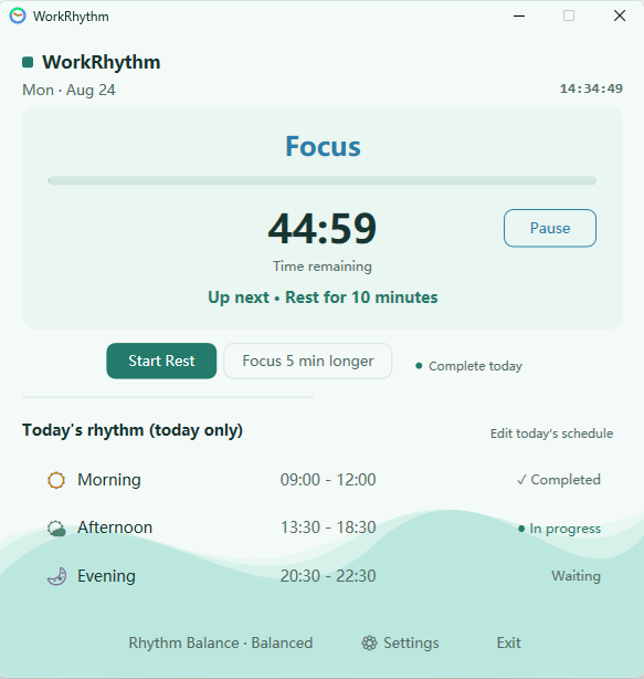 Work•Rhythm showing a focus session
