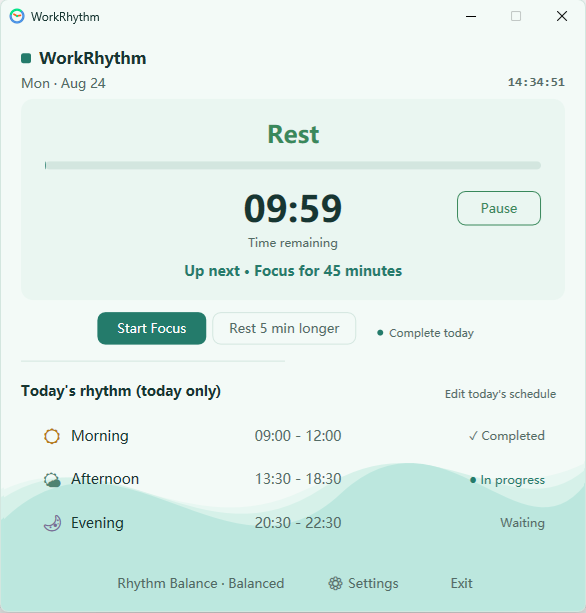 Work•Rhythm showing a rest session